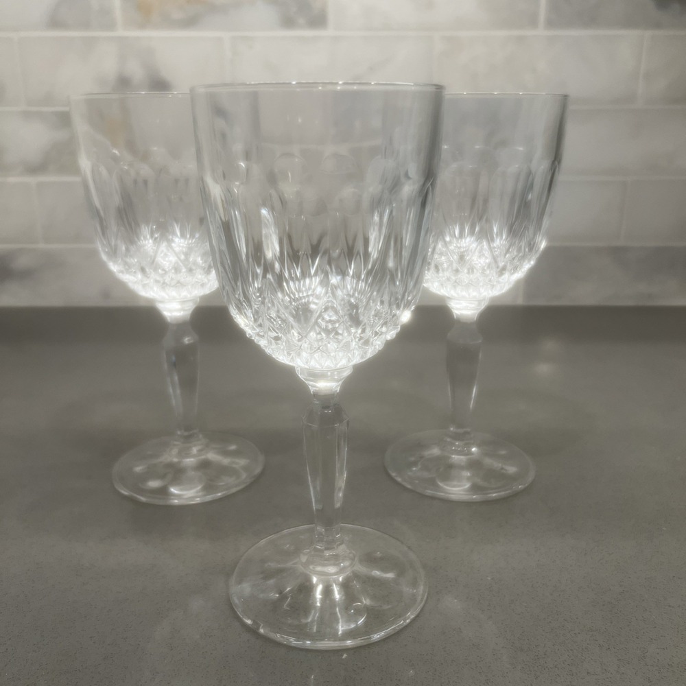 3-VTG VMC Reims France Wine Glasses Clear Pressed Glass ~ 6"